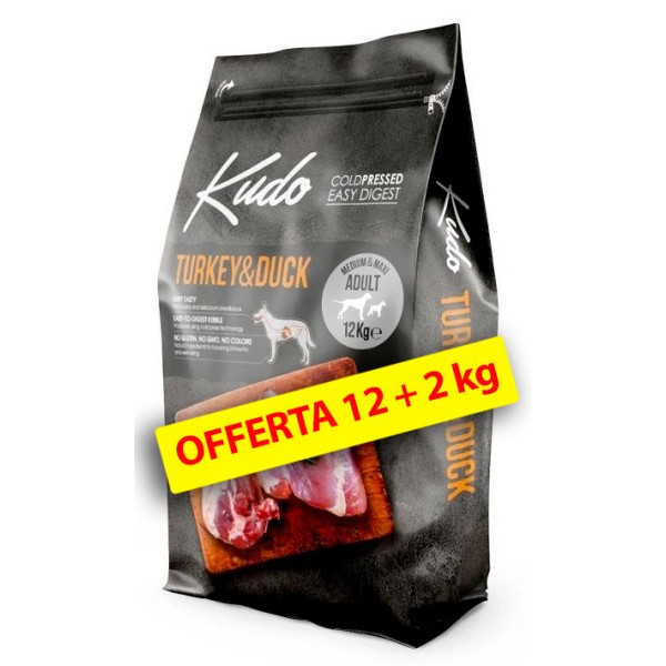 Kudo Turkey & Duck Adult Medium/Maxi–Crocchette pressate a freddo Tacchino e Anatra per cani 12+2 kg OMAGGIO (GRATIS SPEDIZIONE)