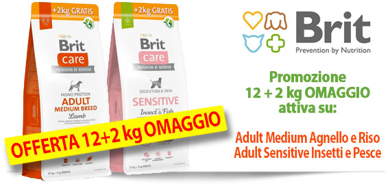 Brit Care promozione 12 + 2 kg GRATIS su Hypoallergenic Adult Medium Agnello e Riso e Sensitive Insetti e Pesce