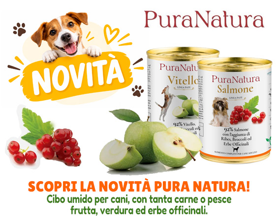 NOVITA': Cibo umido per cani Pura Natura con tanta carne o pesce, frutta, verdura ed erbe officinali
