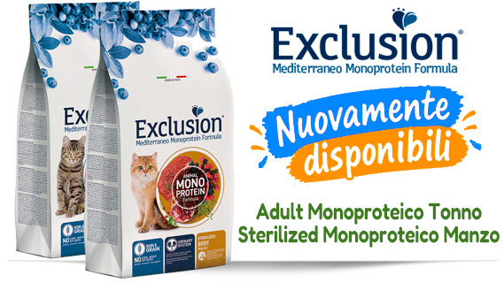 Exclusion Mediterraneo Gatto: di nuovo disponibili Adult Monoproteico Tonno e Sterilized Monoproteico Manzo