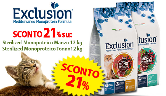 Exclusion Mediterraneo Gatto: SCONTO 21% su Sterilised Monoproteico Manzo e Sterilised Monoproteico Tonno
