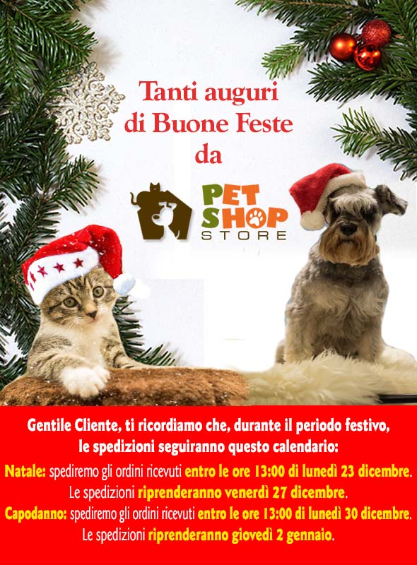 Natale: verranno spediti gli ordini pervenuti entro le ore 13:00 di lunedì 23 dicembre. Le spedizioni riprenderanno venerdì 27 dicembre.  Capodanno: verranno spediti gli ordini pervenuti entro le ore 13:00 di lunedì 30 dicembre. Le spedizioni riprenderanno giovedì 2 gennaio.