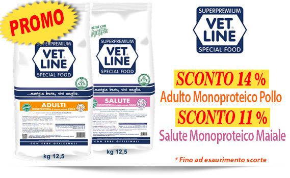 PROMO VET LINE CANE: sconto 14% su Adulto Monoproteico Pollo e sconto 11% su Salute Monoproteico Maiale