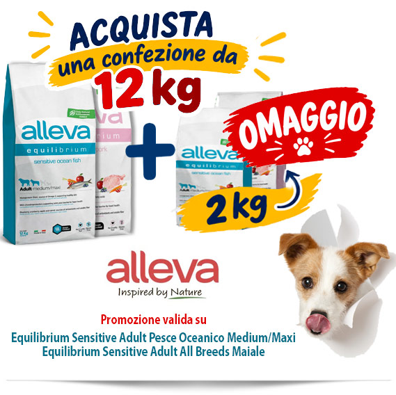 Alleva cane: promozione 2 kg OMAGGIO con l'acquisto di una confezione da 12 kg Equilibrium Sensitive adult Pesce Oceanico Medium/Maxi ed Equilibrium Sensitive adult All Breeds Maiale 