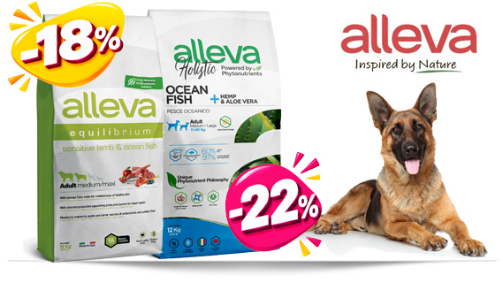 Sconto 18% e 22% su Alleva Equilibrium Sensitive Adult Agnello Medium/Large 12 kg e Alleva Holistic Pesce Oceanico + Canapa & Aloe Vera Adult Medium/Large 12 kg - Offerta valida fino al 31/10 e fino ad esaurimento scorte